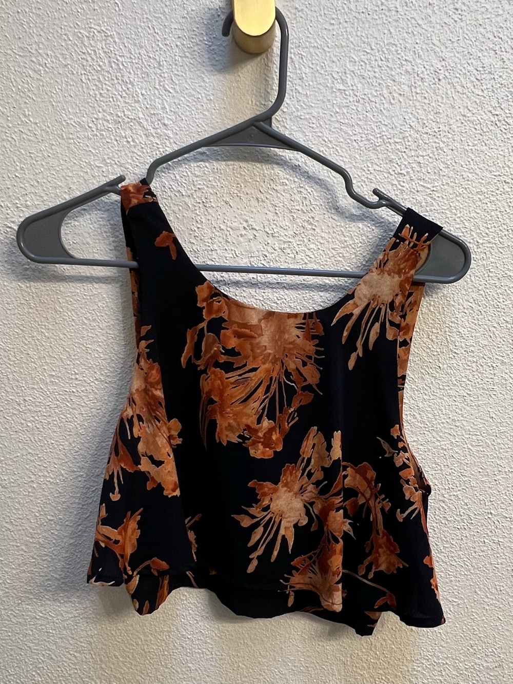 ANGL Black Cropped Tank Top with Rust Floral Print